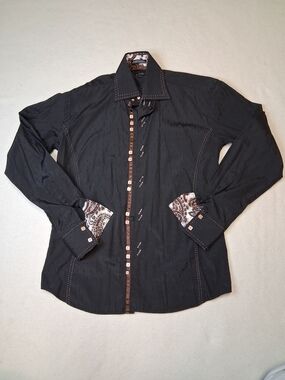 LANZO Women’s Black Button-Down Shirt with Paisley Trim